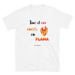 Camiseta Tinc el cor encés en flama blanca - Camisetes en valencià - Productes en valencià - Tot en valencià