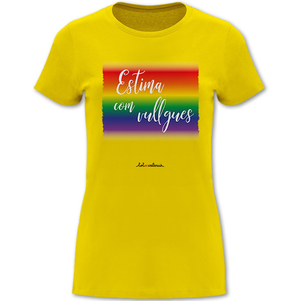 Camiseta mànega curta entallada groga Estima com vullgues - Camisetes en valencià - Productes en valencià - Tot en valencià