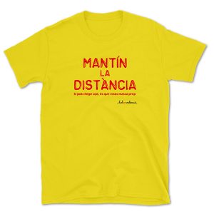 Camiseta mànega curta groga Mantín la distància - Camisetes en valencià - Productes en valencià - Tot en valencià