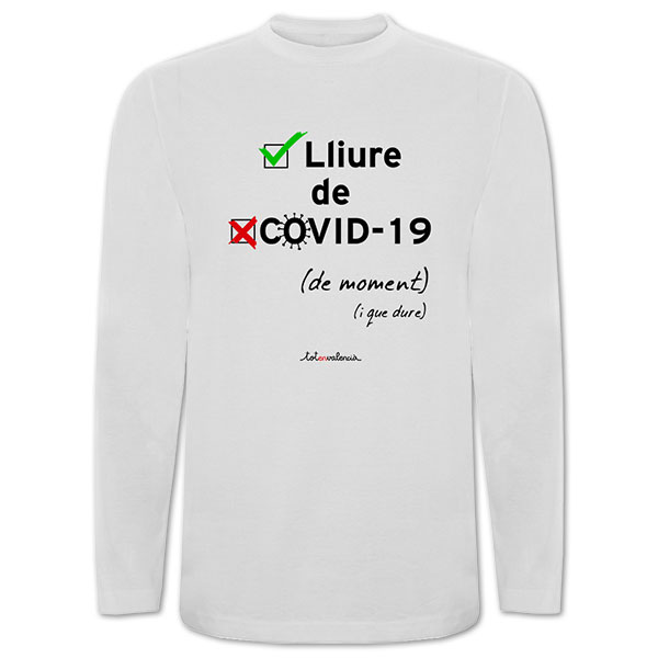Camiseta mànega llarga blanca Lliure de Covid 19 - Camisetes en valencià - Productes en valencià - Tot en valencià