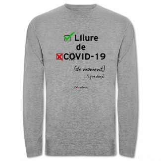 Camiseta mànega llarga grisa Lliure de Covid 19 - Camisetes en valencià - Productes en valencià - Tot en valencià