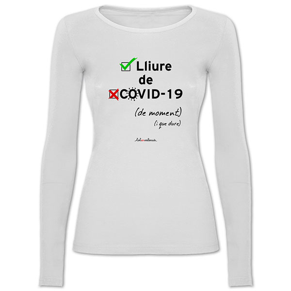 Camiseta mànega llarga entallada blanca Lliure de Covid 19 - Camisetes en valencià - Productes en valencià - Tot en valencià
