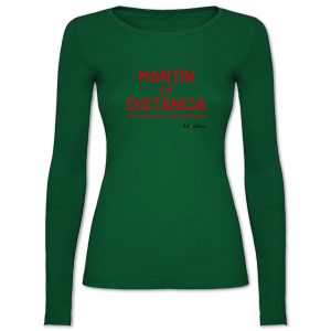 Camiseta mànega llarga entallada verda Mantín la distància - Camisetes en valencià - Productes en valencià - Tot en valencià
