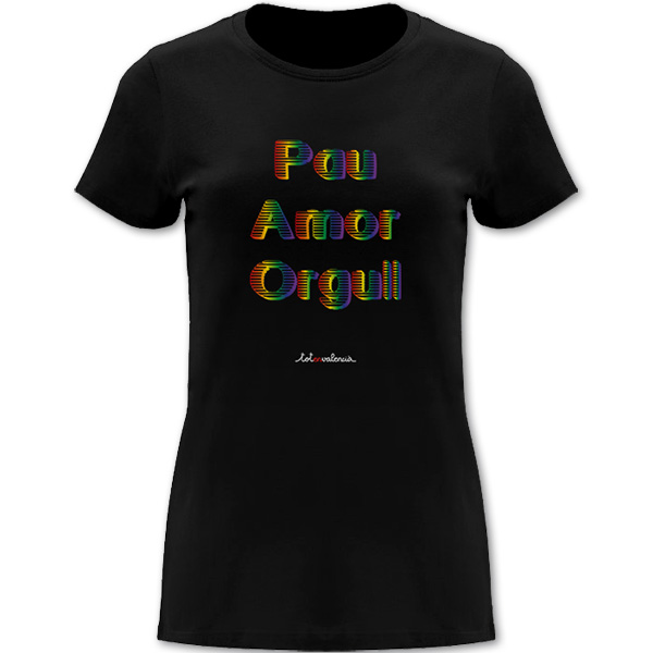 Camiseta entallada Pau Amor Orgull negra - Camisetes en valencià - Productes en valencià - Tot en valencià